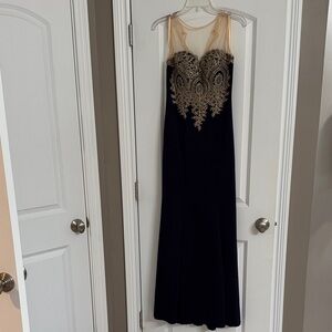 Elegant Navy and Gold Lace Evening Dress